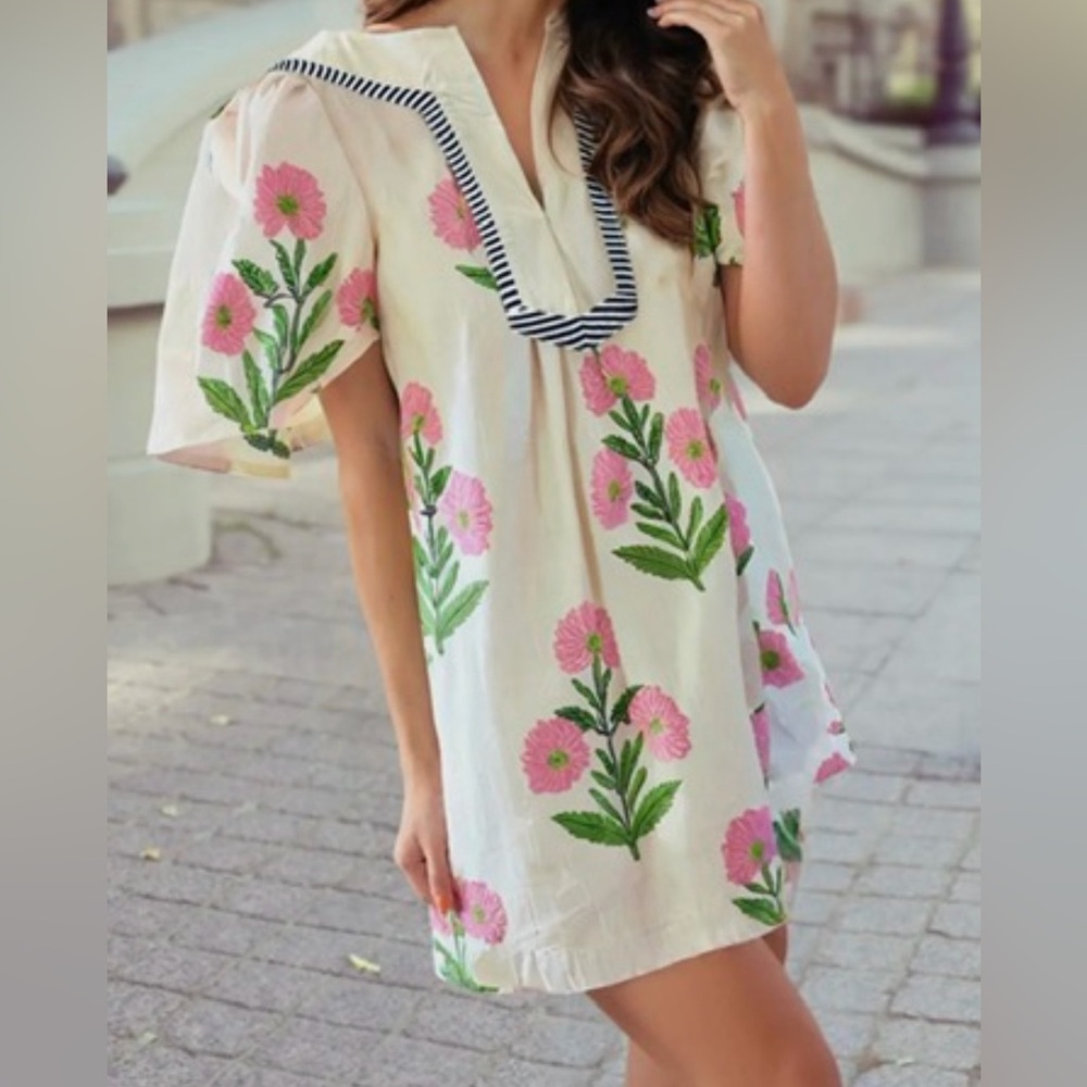 Elegant White Dress with Pink Floral Embroidery